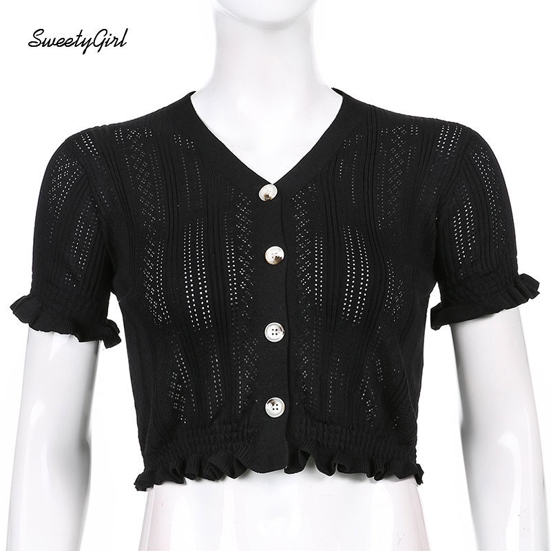 Áo Thun Dệt Kim Tay Ngắn Cổ Chữ V Màu Đen Trơn Cài Nút Thời Trang 2022 Quyến Rũ Cho Nữ