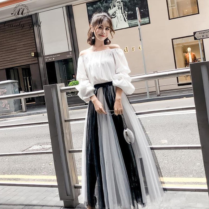 Chân váy lưới dài lưng cao màu trắng đen thời trang mùa hè cho nữ | BigBuy360 - bigbuy360.vn