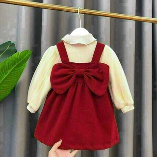 Váy nhung nơ áo tay bồng bé gái