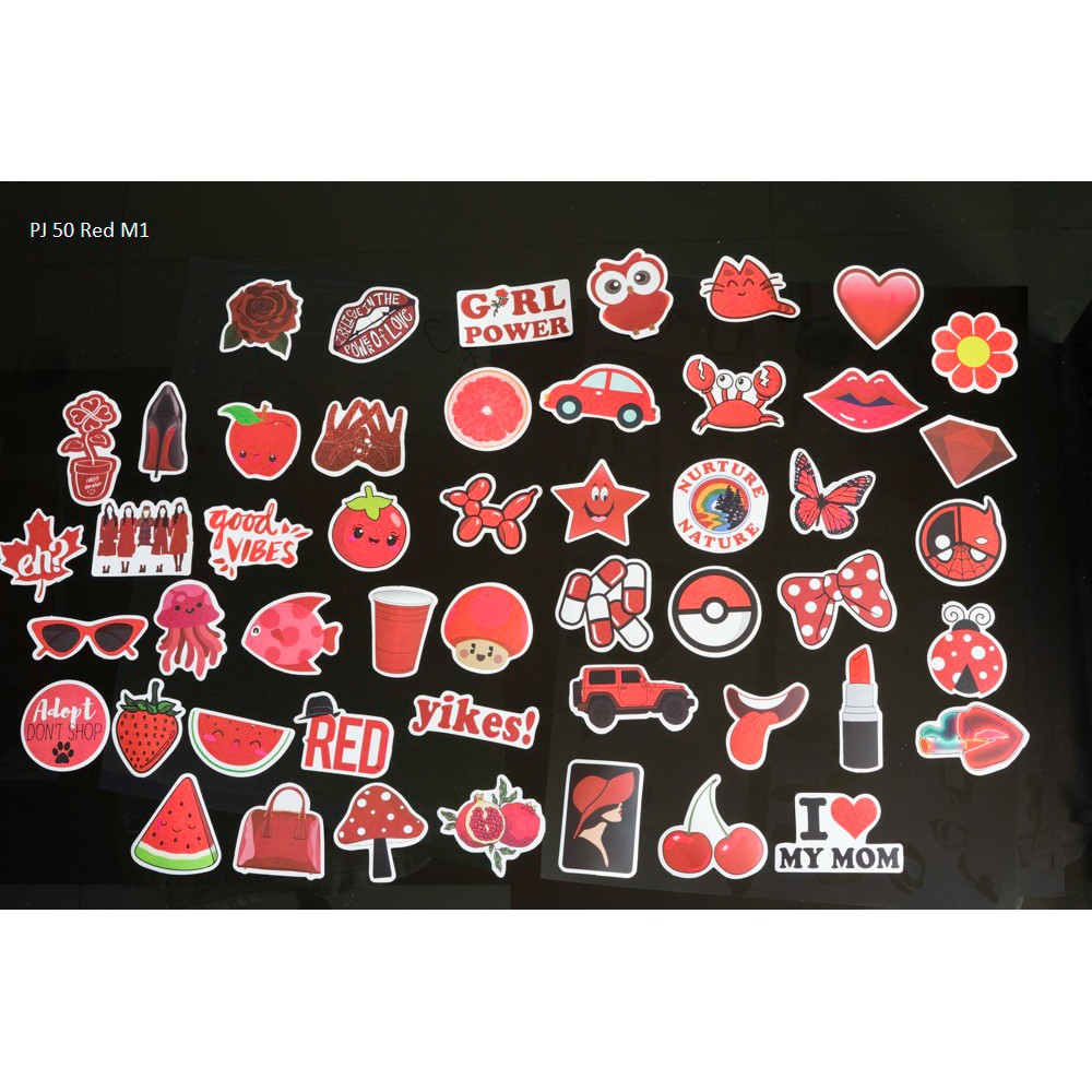 Bộ 50 miếng dán sticker, stickers cao cấp chủ đề Red màu đỏ trang trí Vali Laptop Mũ Bảo Hiểm Xe Máy Xe Đạp Đàn