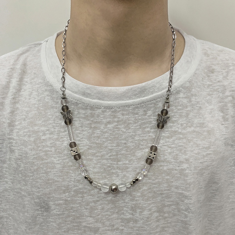 Vòng cổ Thép Titan Phối Mặt Hình Bướm Và Ngọc Trai Phong Cách hip hop Thời Trang Cho Nam Và Nữ