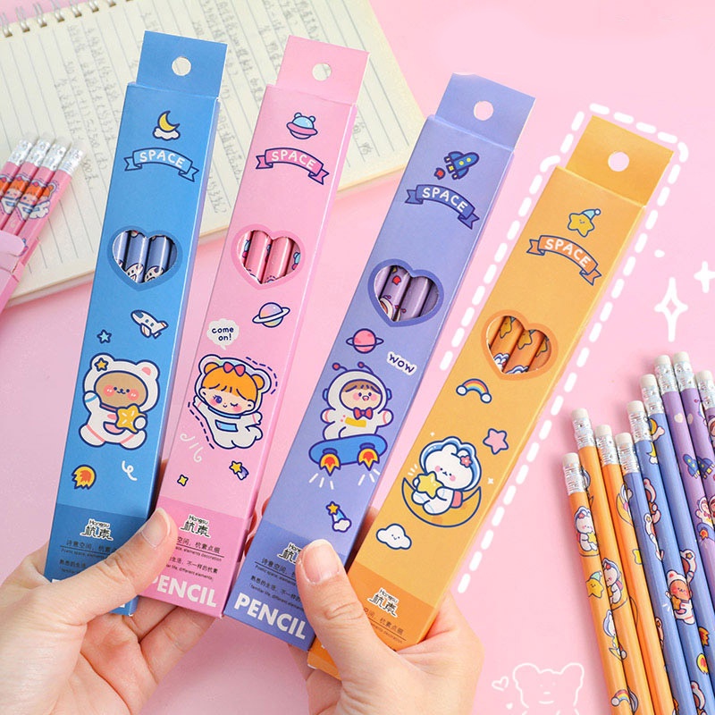 Hộp Bút Chì Gỗ Hoạt Hình HB 4 Chiếc - Set 4 Bút Chì Siêu Cute Nhiều Màu Sắc Dễ Thương MolangShop