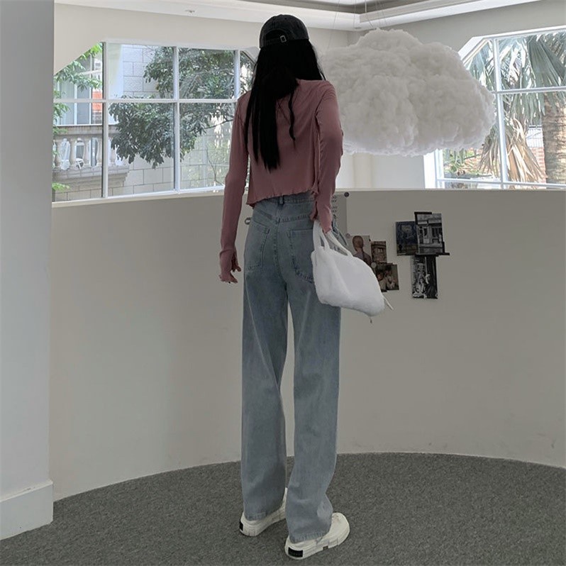 Quần jean nữ SUXI ống rộng lưng cao màu trơn thời trang