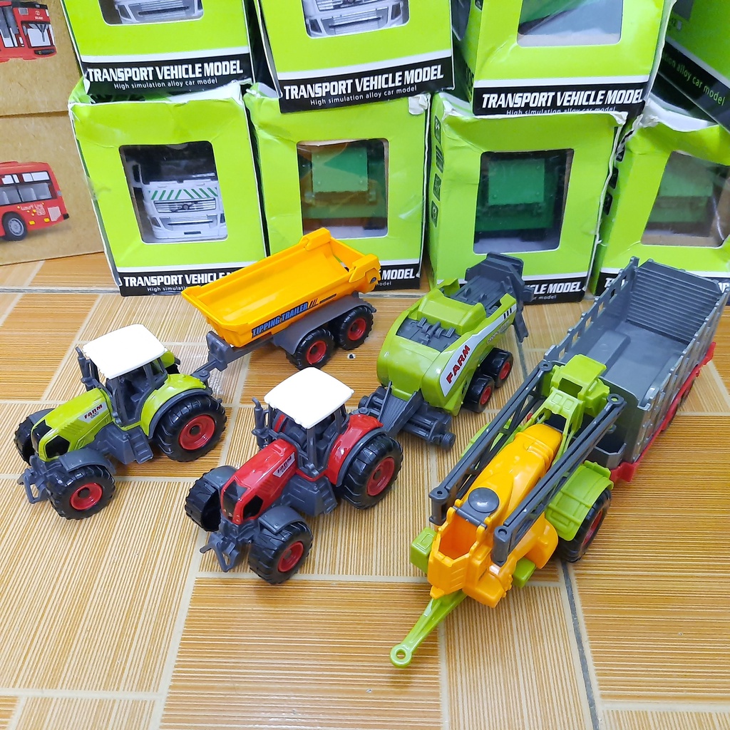 Bộ xe máy kéo nông trại đồ chơi cho trẻ em gồm 2 xe khác nhau và 4 thùng kéo phía sau