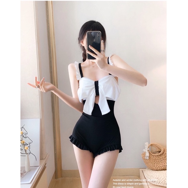 Bikini/ bơi liền bèo nhún 2 dây tạo hình nơ ngực trắng ngây thơ phong cách Ulzzang/ biển hè M19