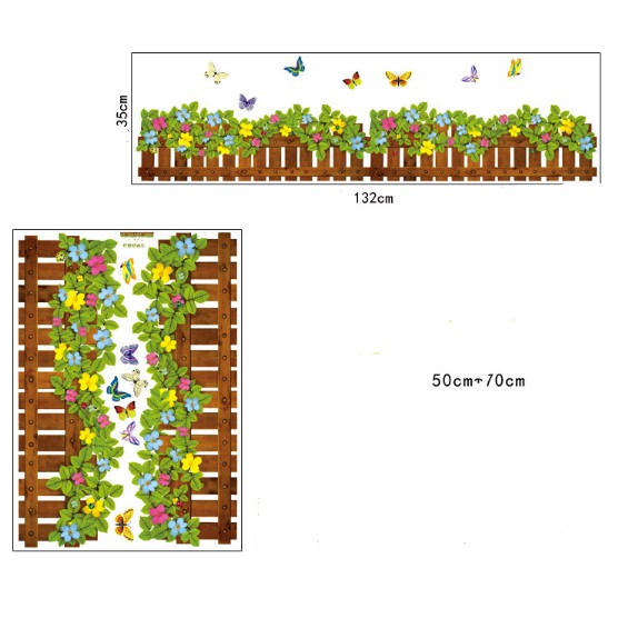 Decal trang trí chân hàng rào gỗ Hoa nhiều màu và Bướm