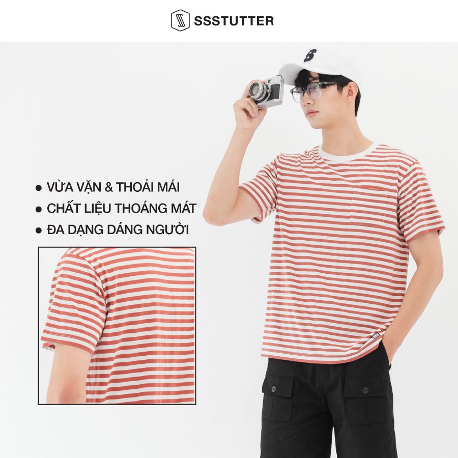 Áo phông Unisex có túi ngực họa tiết kẻ sọc ngang SSStutter vải Cotton thấm hút mồ hôi 3 màu Moment Tee
