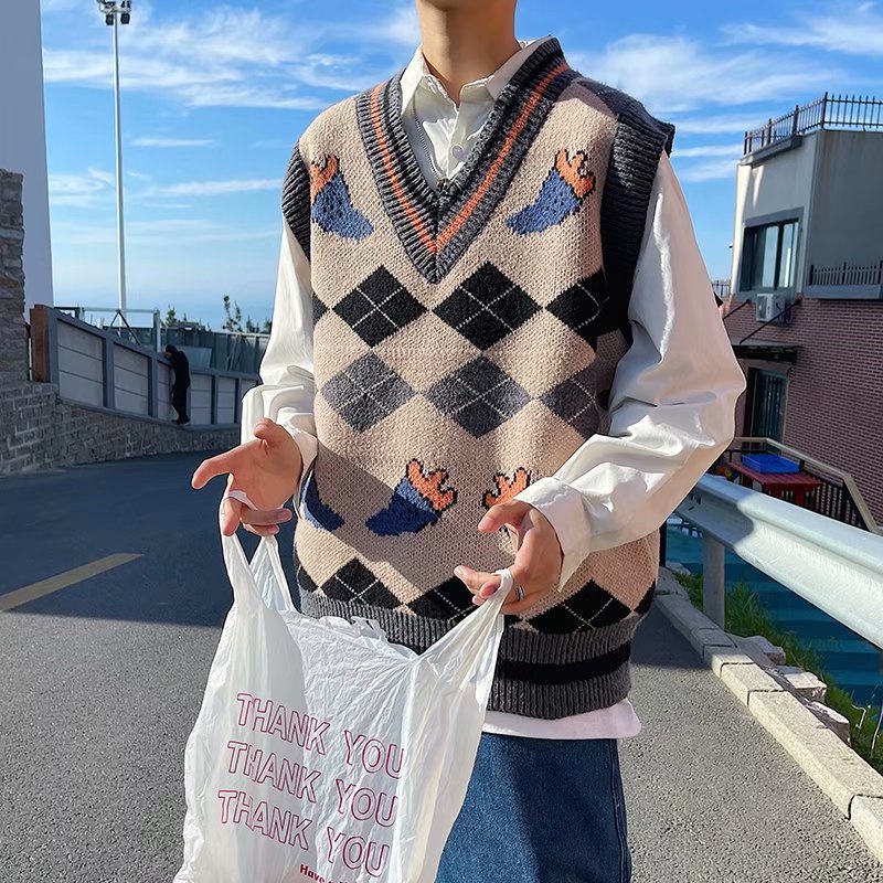 Áo Len From Rộng Thời Trang Nam Len Sọc Áo Cardigan Nâu Áo Sweater Dệt Kim Sát Nách Kiểu Nhật Hàn Cá Tính Cho Nam