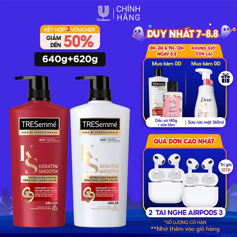 Combo Dầu Gội, Dầu Xả TRESEMME Keratin Smooth Dưỡng tóc khô xơ rối Công thức chuẩn salon Vào Nếp Suôn Mượt 640g, 620g