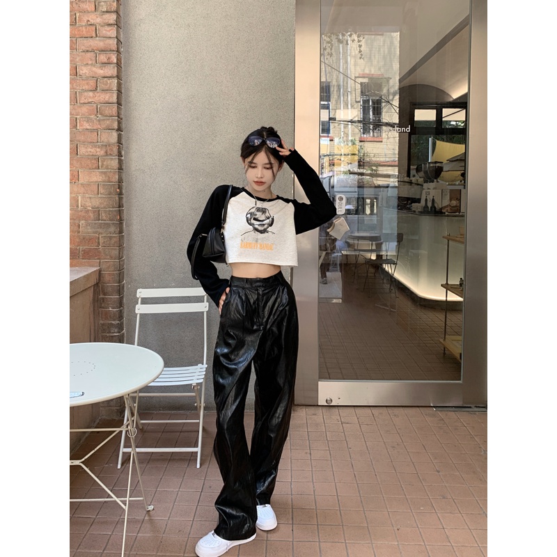 Áo thun dáng lửng tay dài phong cách retro cổ điển dành cho nữ