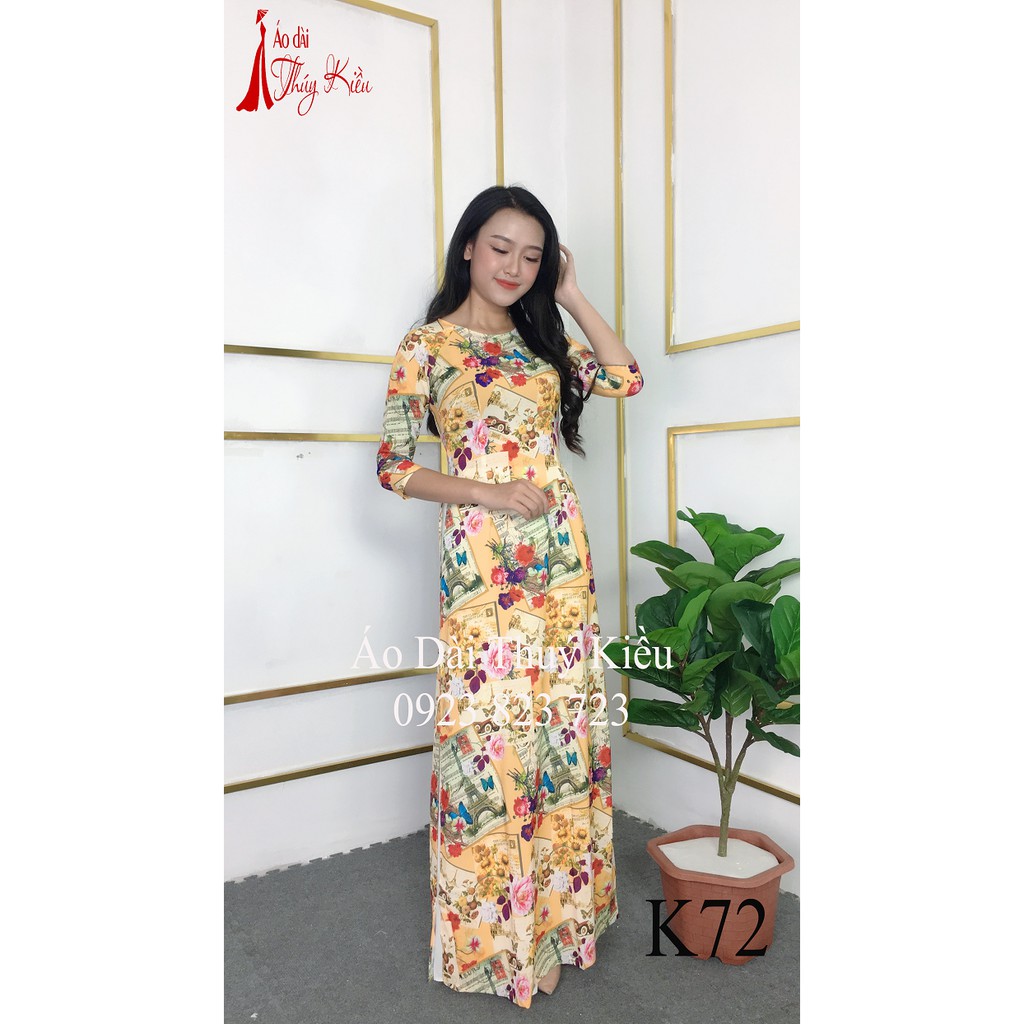 Áo dài nữ truyền thống thiết kế may sẵn tết cách tân nền vàng nốt nhạc K72 mềm mại, co giãn, áo dài giá rẻ