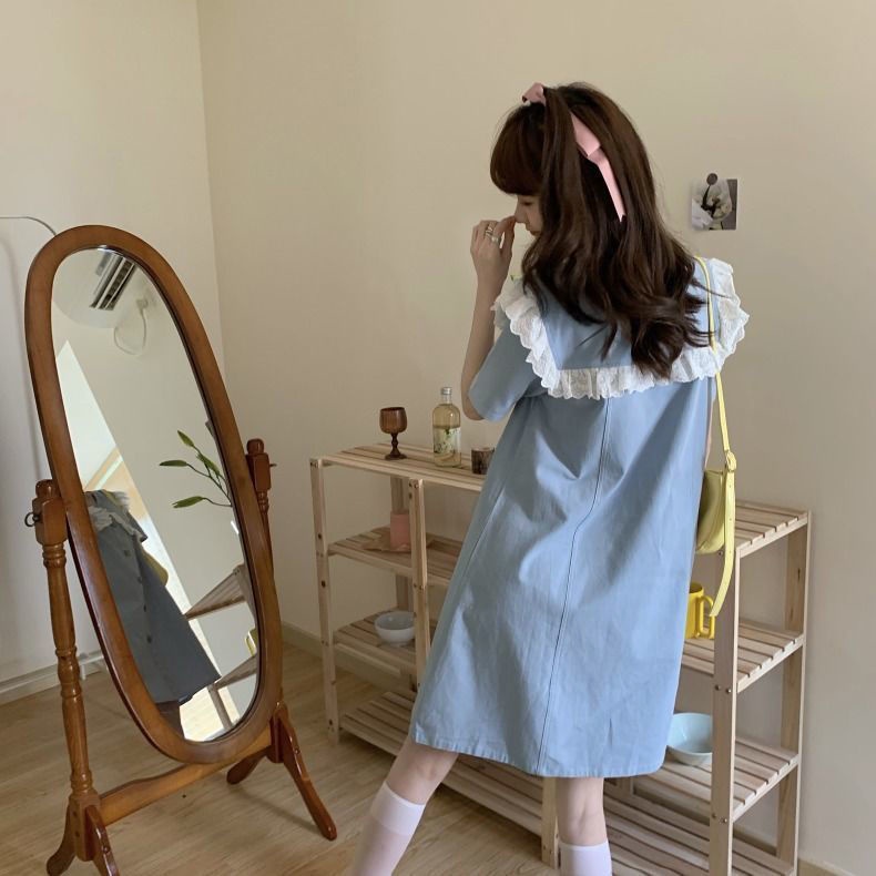 Đầm chữ A cổ hải quân phối ren phong cách Pháp mùa hè