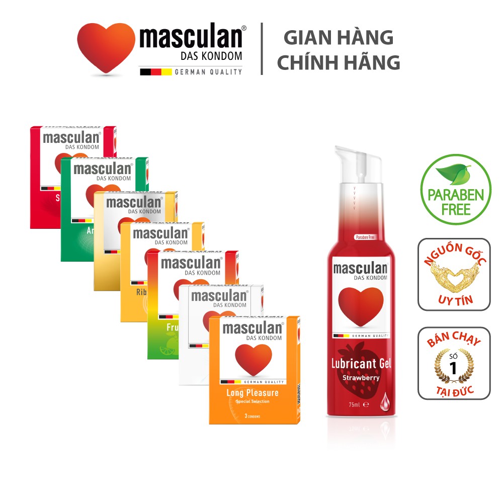 Bộ Sản Phẩm Masculan: 7 Loại Bao Cao Su (Hộp 3 Chiếc) + 1 Chai Gel Bôi Trơn Hương Dâu Tây - Nhập Khẩu Đức