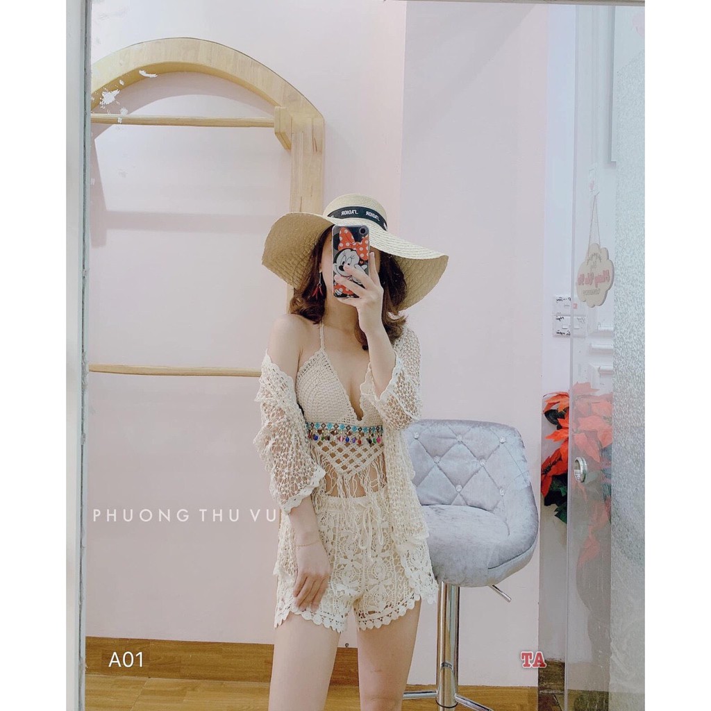 [PHỤ KIỆN ĐI BIỂN+ BIKINI+ ÁO BƠI]SÉT REN CỔ YẾM TRÁNG HẠT MÀU KẾT HỢP ÁO CHOÀNG LƯỚI | BigBuy360 - bigbuy360.vn