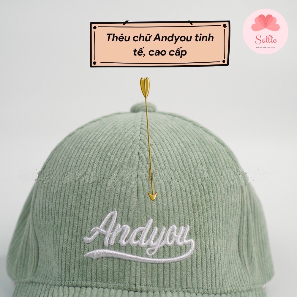 Mũ lưỡi trai nam nữ nỉ nhung gân thêu chữ Andyou, nón kết unisex phong cách Hàn Quốc Sollle