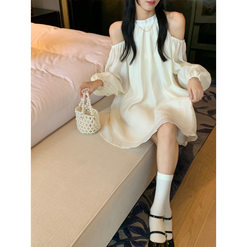 Váy đầm công chúa cổ yếm hở vai màu kem đen dáng xòe phong cách Ulzzang MS5543