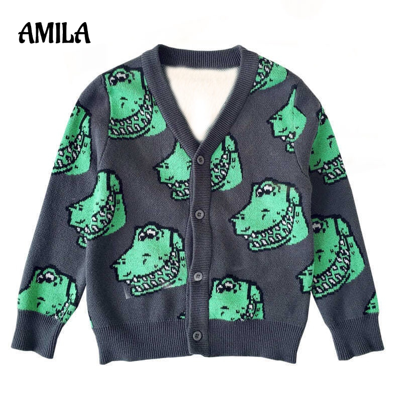 Áo khoác cardigan AMILA dệt kim cổ chữ V in họa tiết cá sấu thời trang Hàn Quốc cho bé