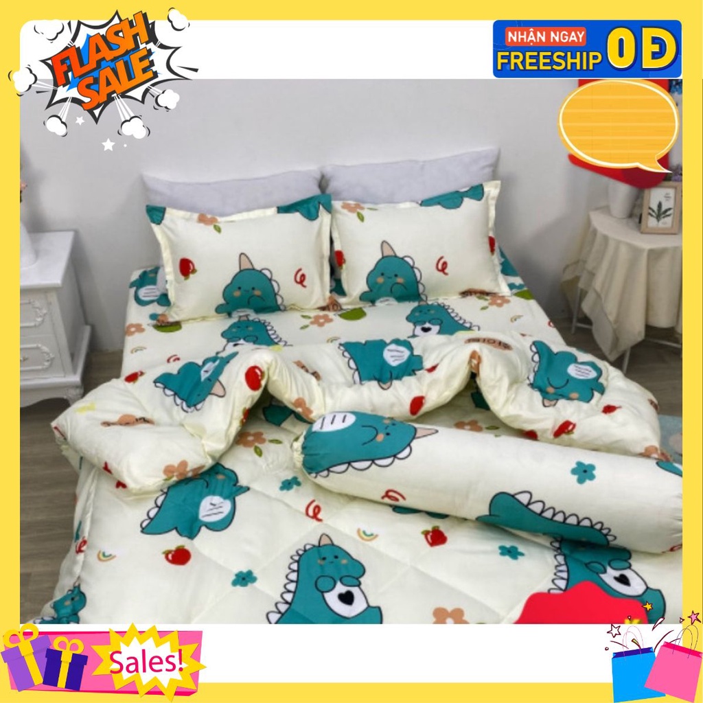 Bộ Drap Ga Tặng Kèm 2 Vỏ Gối[Set 3 Món]-1m2x2m,1m6x2m,1m8x2m-mẫu khủng long hàn quốc