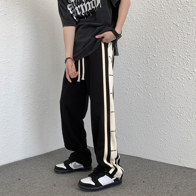 Quần Thể Thao Lưng Cao Ống Rộng In Họa Tiết Kẻ Sọc Bên Hông Phong Cách Đường Phố Mỹ Cho Nữ