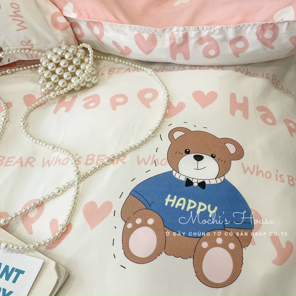 BỘ CHĂN GA GỐI POLY COTON CHÚ GẤU HAPPY SIÊU XINH DRAP GIƯỜNG