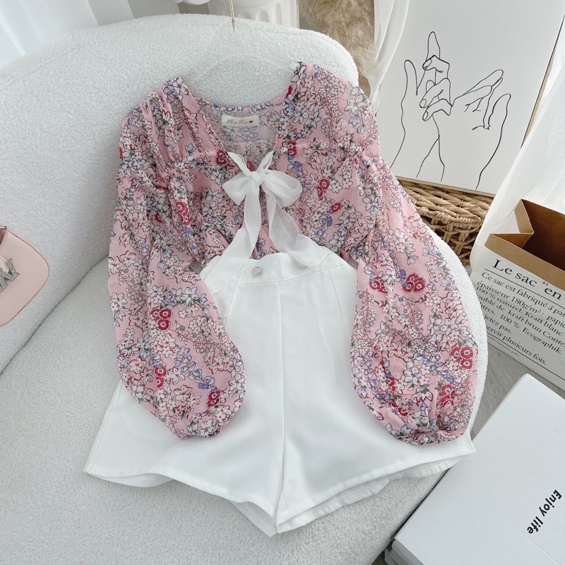 SET ÁO BBD HOA THẮT NƠ TRẮNG + QUẦN SHORT