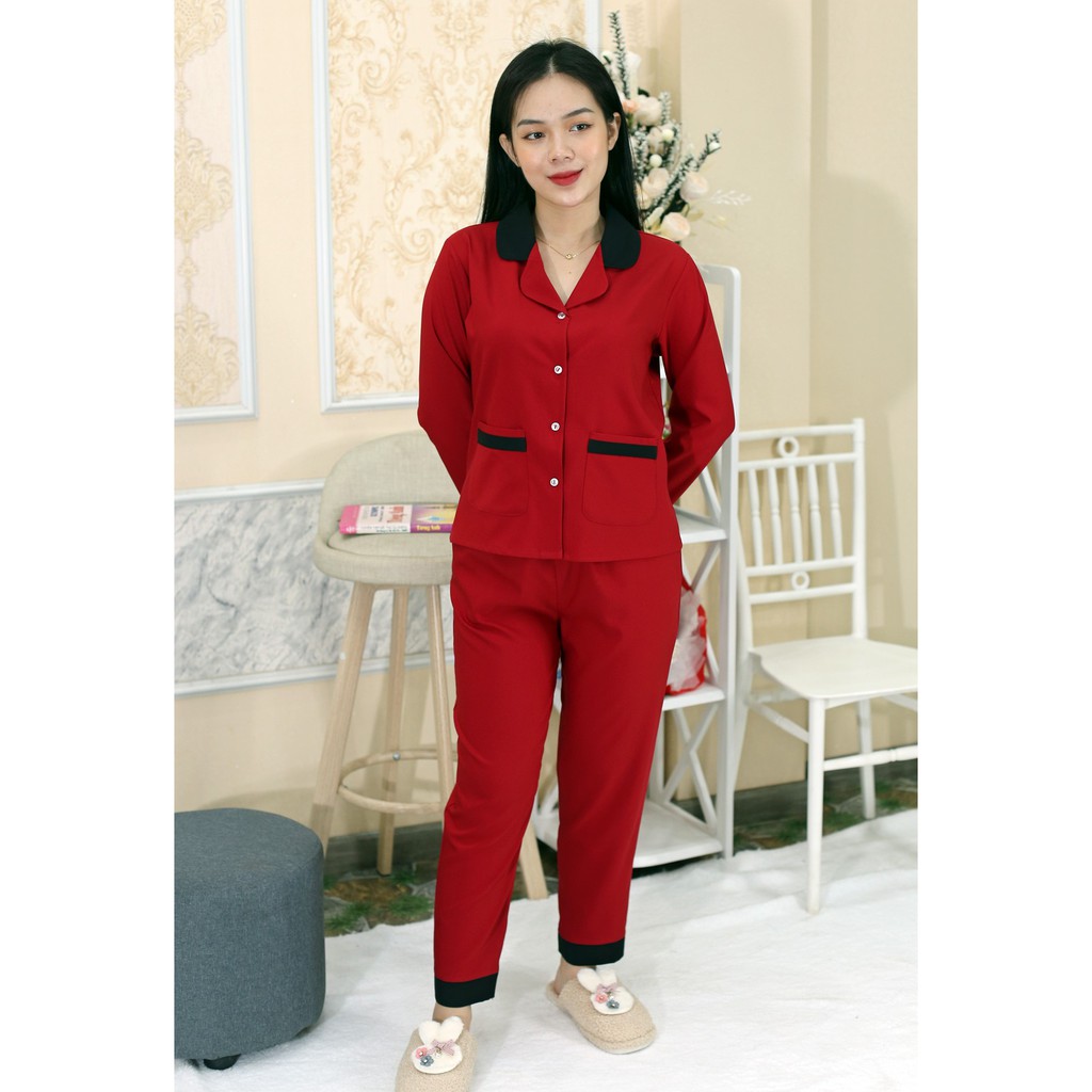 Bộ quần áo Pijama nữ ĐỎ ĐÔ NOEL Dài Tay Quần Dài vải phi lụa mờ - Sang Chảnh Nhẹ Nhàng - Mặc là thích ngay !