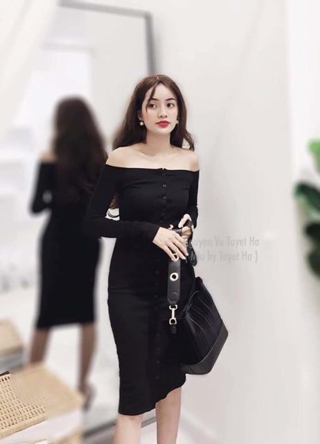 [SIÊU PHẨM Váy Body Trễ Vai Tay Dài Phối Cúc - Loại 1m - Hàng VNXK