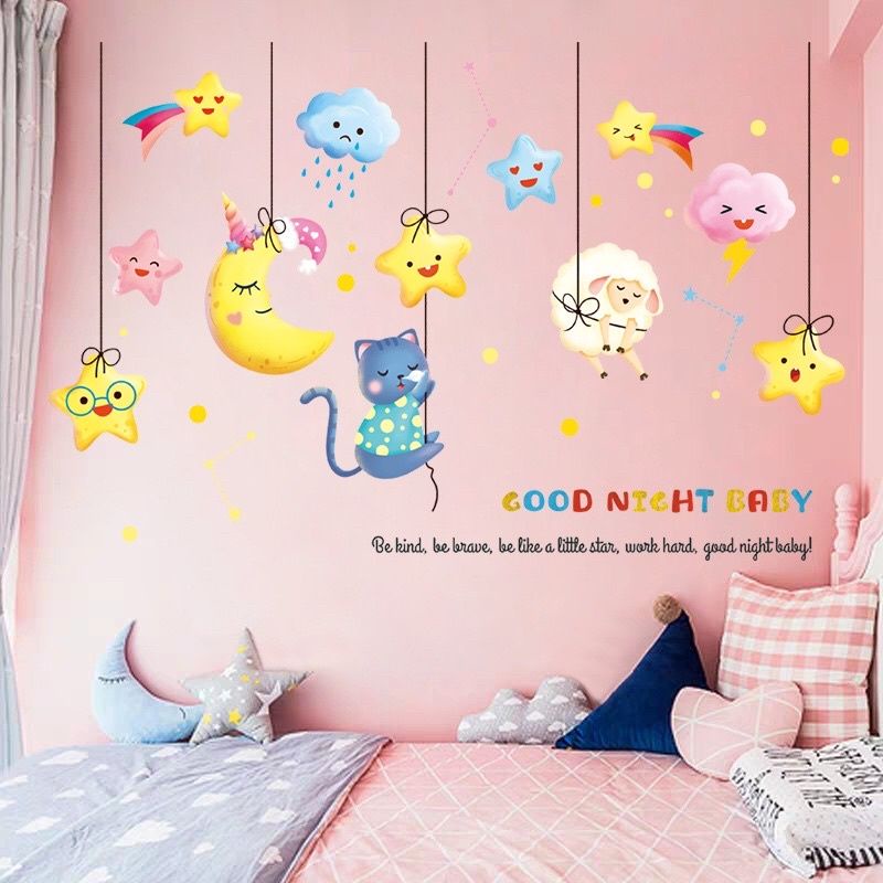 Decal dán tường chúc bé ngủ ngon hình ngôi sao và mèo