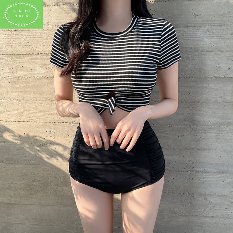Bikini, Bộ Đồ bơi nữ áo tắm hai mảnh cộc tay croptop kẻ cá tính phong cách hàn quốc quần cạp cao che bụng kín đáo