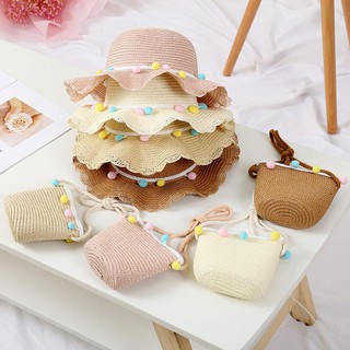 Set mũ cói đính bông tròn + túi xách cói đi biển thời trang cho bé gái