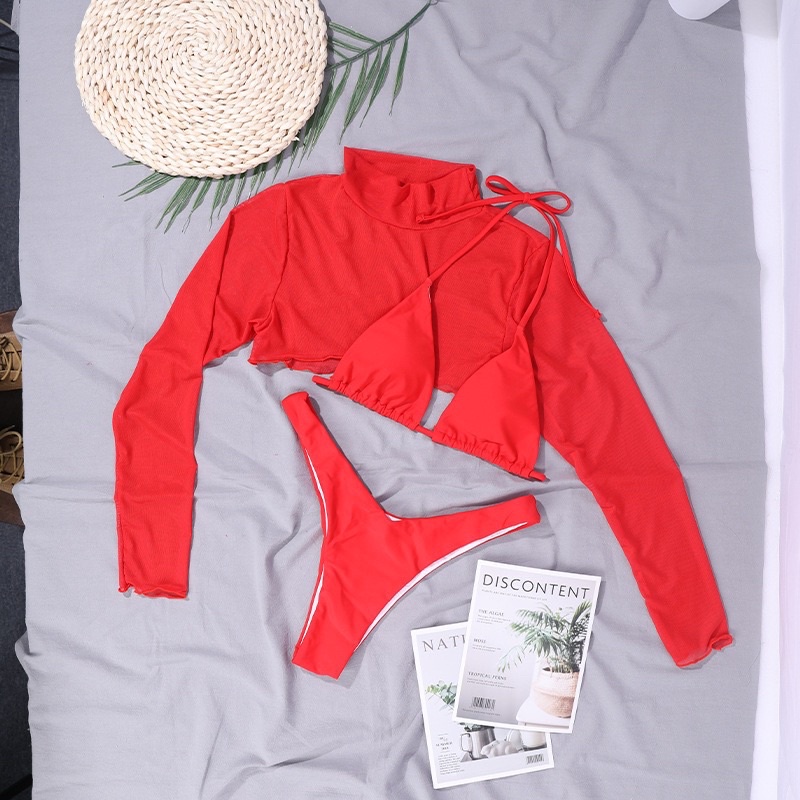 BDY3111151 - Bikini Đỏ Kèm Áo Voan Cổ Lọ Phong Cách - Đồ Bơi Gợi Cảm Phong Cách Âu Mỹ