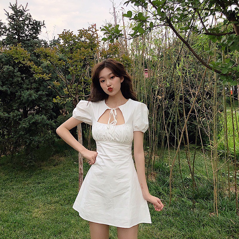 Váy sơ mi, váy công chúa, đầm tay phồng chữ a khoét ngực buộc dây, đầm ngắn thắt nơ nhúm ngực nữ tính | BigBuy360 - bigbuy360.vn