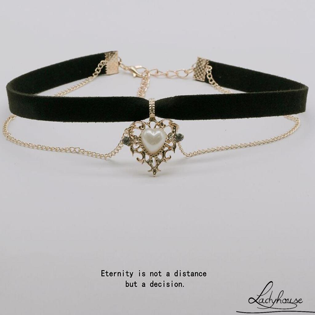 Vòng cổ dây nhung mặt trái tim vàng đính ngọc trai nhân tạo phong cách cổ điển dành cho nữ