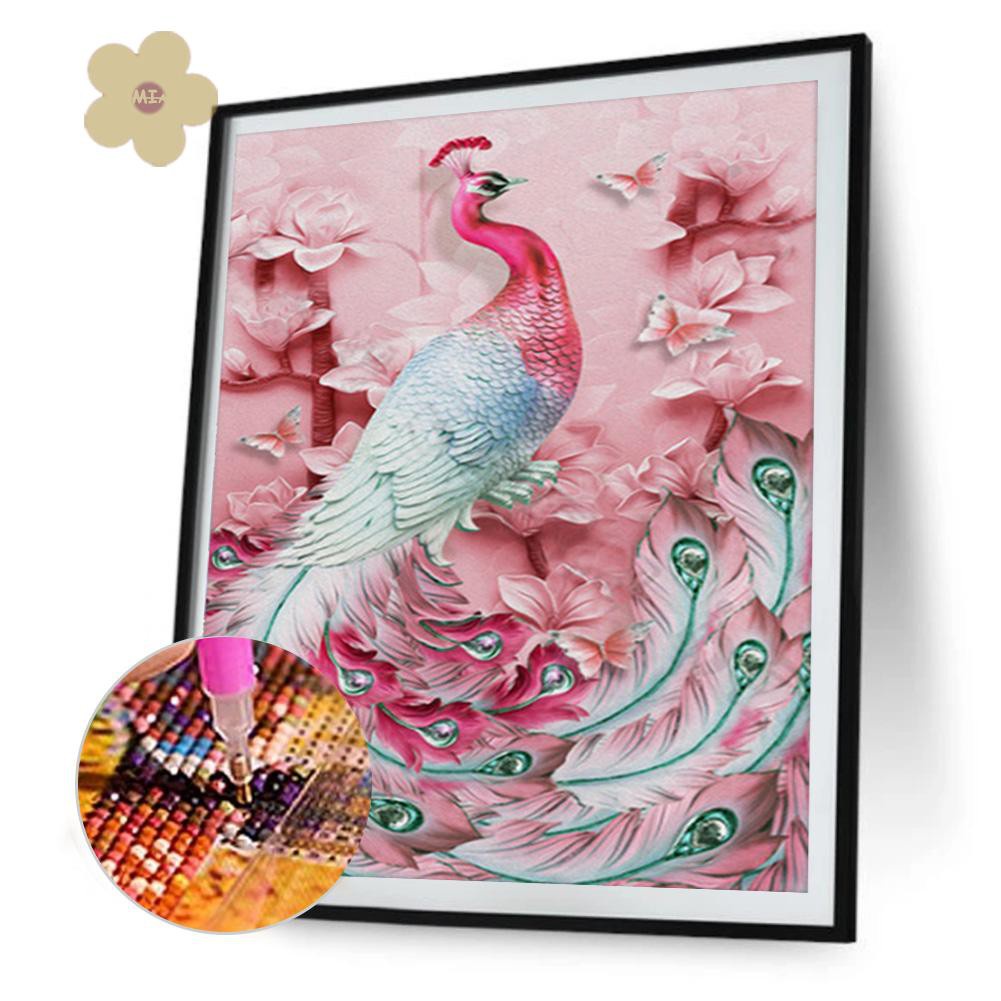 Tranh đính đá 5D họa tiết chim công màu hồng độc đáo DIY dùng trang trí nhà cửa