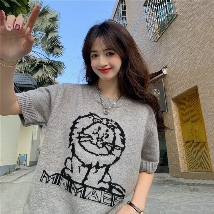 ZHELIHANGFEI Áo len dệt kim thêu ngắn tay áo ngắn tay kiểu dáng rộng rãi đa năng