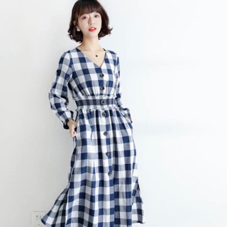 Đầm váy caro xanh tay dài size S dưới 45kg (kèm hình thật)