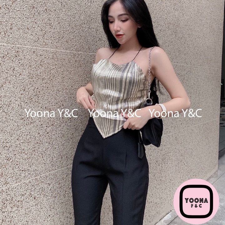 Áo Croptop Cổ Yếm Cột Lưng 1723 Kim Tuyến Dập Ly Freesize Thiết Kế Hai Dây Hở Lưng Sexy Gợi Cảm