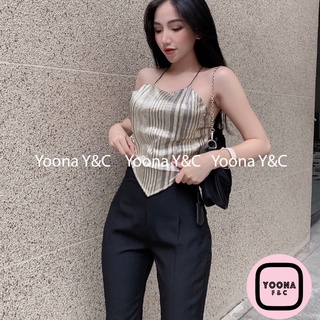 Áo croptop cổ yếm cột lưng 1723 kim tuyến dập ly freesize thiết kế hai dây hở lưng sexy gợi cảm