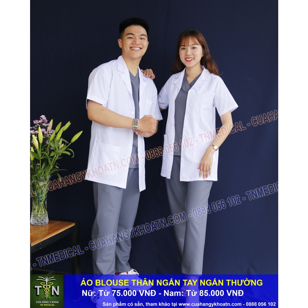 ☘ Áo Blouse (Blue) Tay Ngắn, Thân Ngắn Dược Sĩ, Điều Dưỡng, Y Tá - Thương hiệu TN Medical