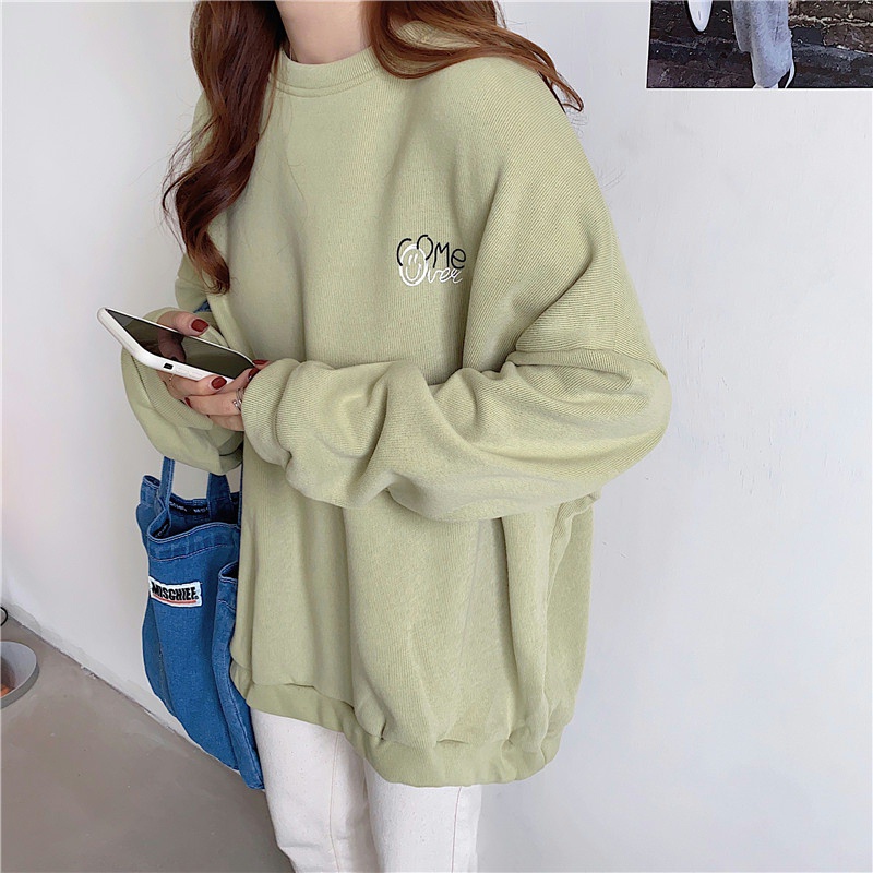 SUXI Áo Nỉ Dài Tay Cổ Tròn Form Rộng Phong Cách Hàn Quốc