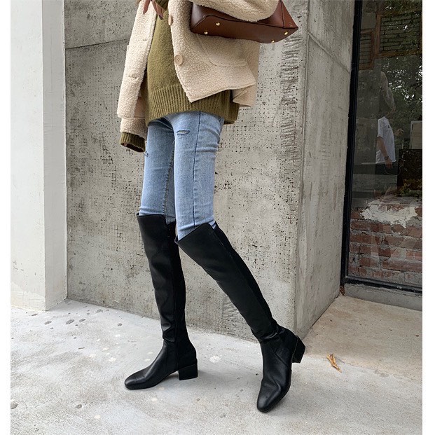 Giày bốt nữ cổ cao mũi tròn gót vuông da pu thời trang nữ phong cách cá tính