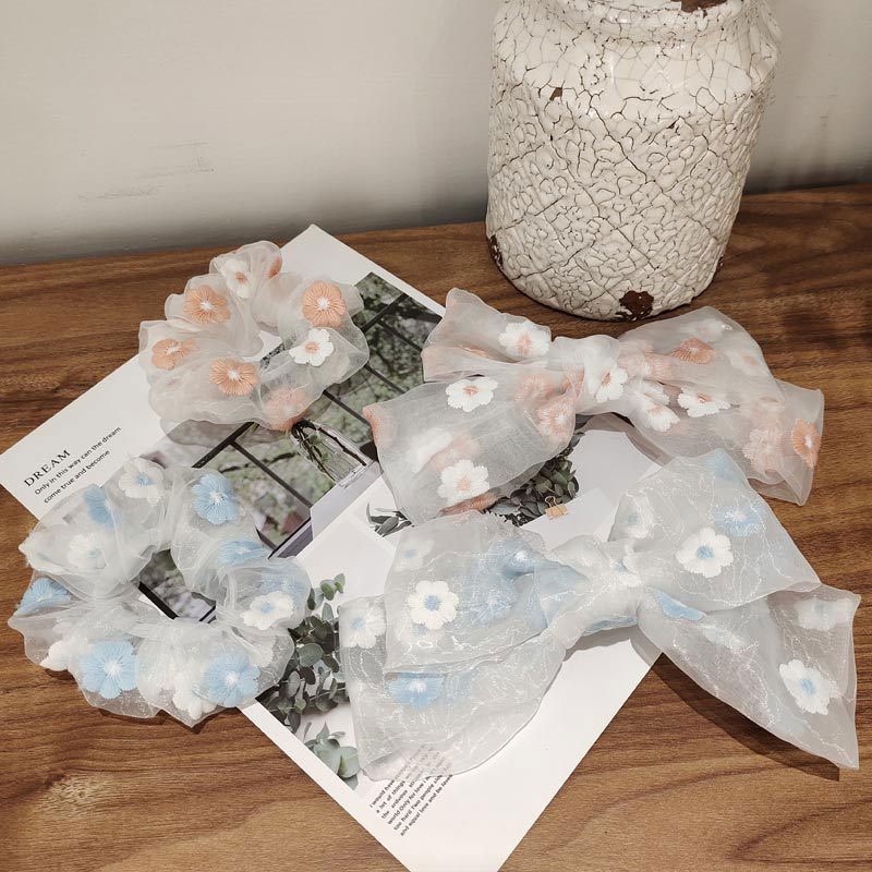 Dây Buộc Tóc Vải Organza Bản Lớn Thêu Hoa Cúc Phong Cách Hàn Quốc Lãng Mạn