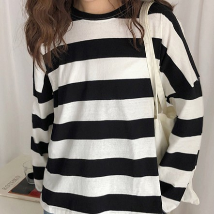 Áo thun tay dài dáng rộng họa tiết sọc thời trang Hàn Quốc cho nữ | BigBuy360 - bigbuy360.vn