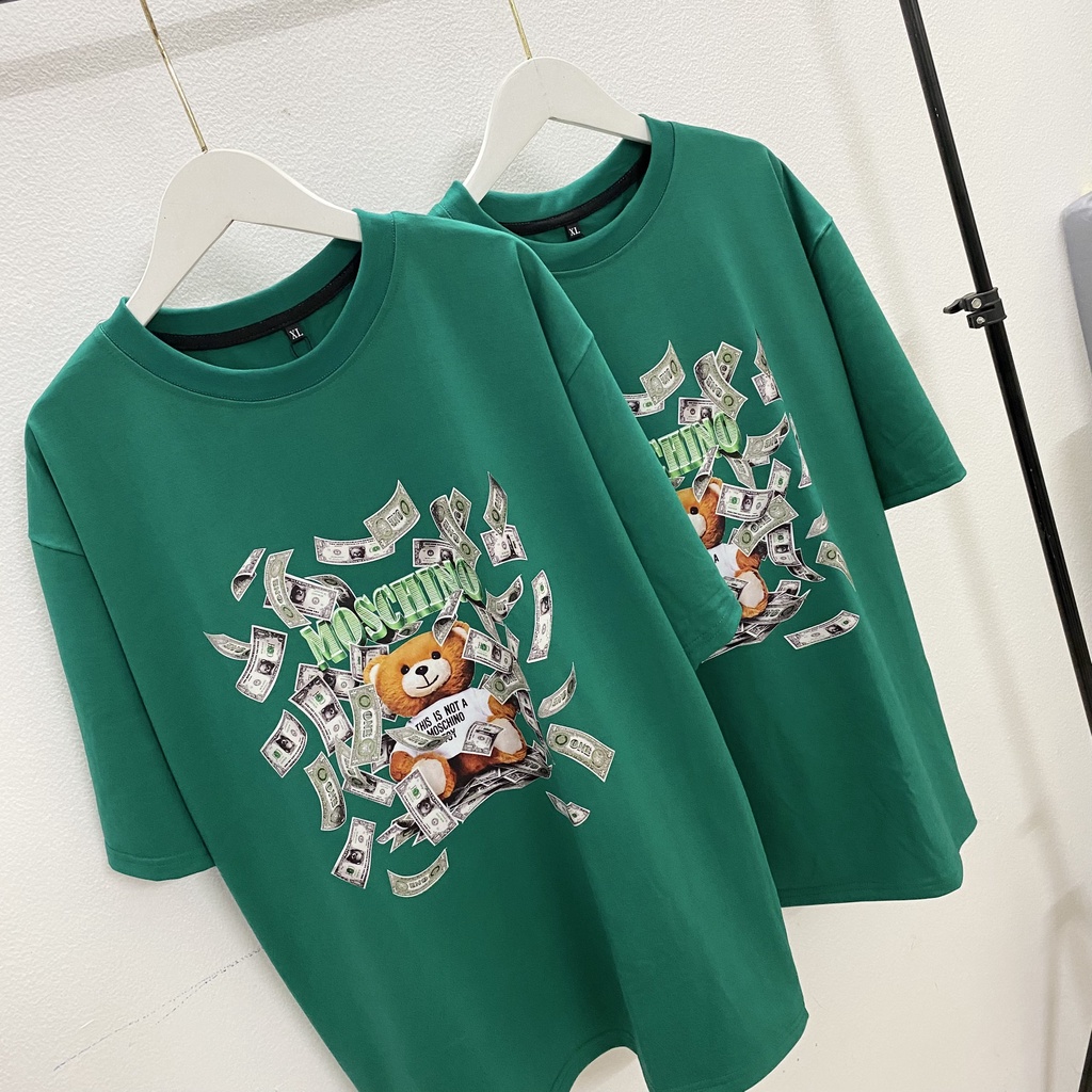 Áo thun tay lỡ MOSCHINO XANH LÁ ĐẬM TO KKIMSHOP , Áo thun unisex nam nữ form rộng oversize chất liệu Cotton Thái