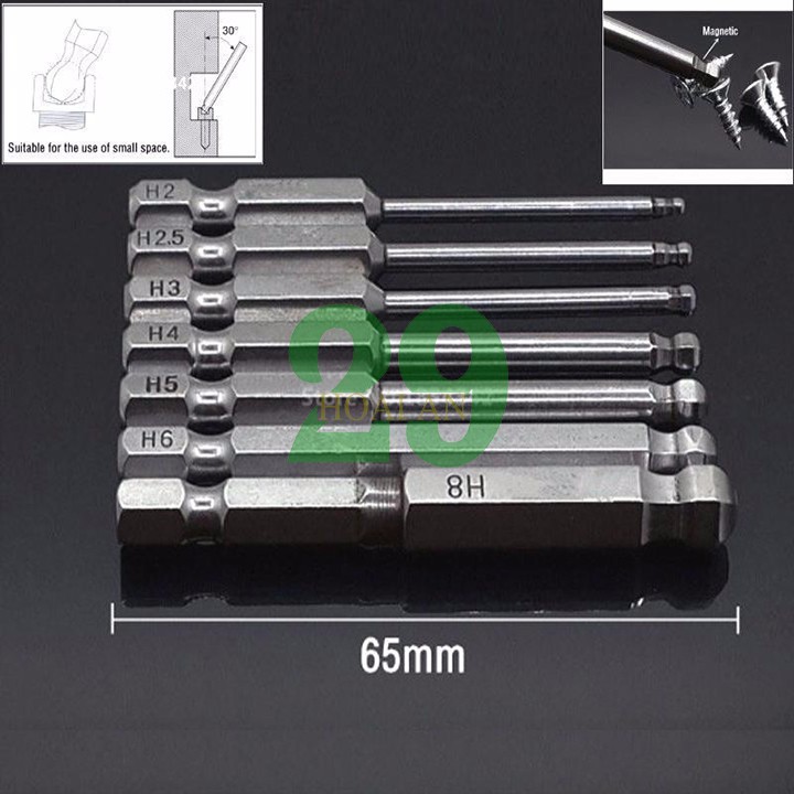 Bộ 7 đầu lục giác bóng, bi dài 65mm cho khoan pin, điện Tặng Găng Tay Bảo Hộ