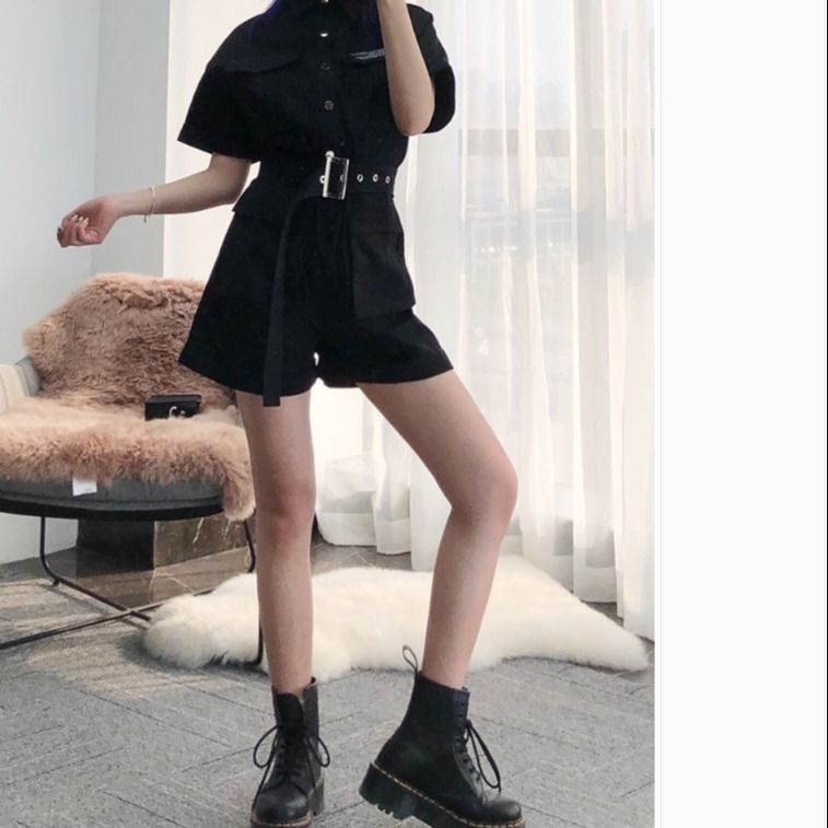 Handsome jumpsuit women's summer 2021 new black slim high-waist short-sleeved jumpsuit wide-leg shorts suit