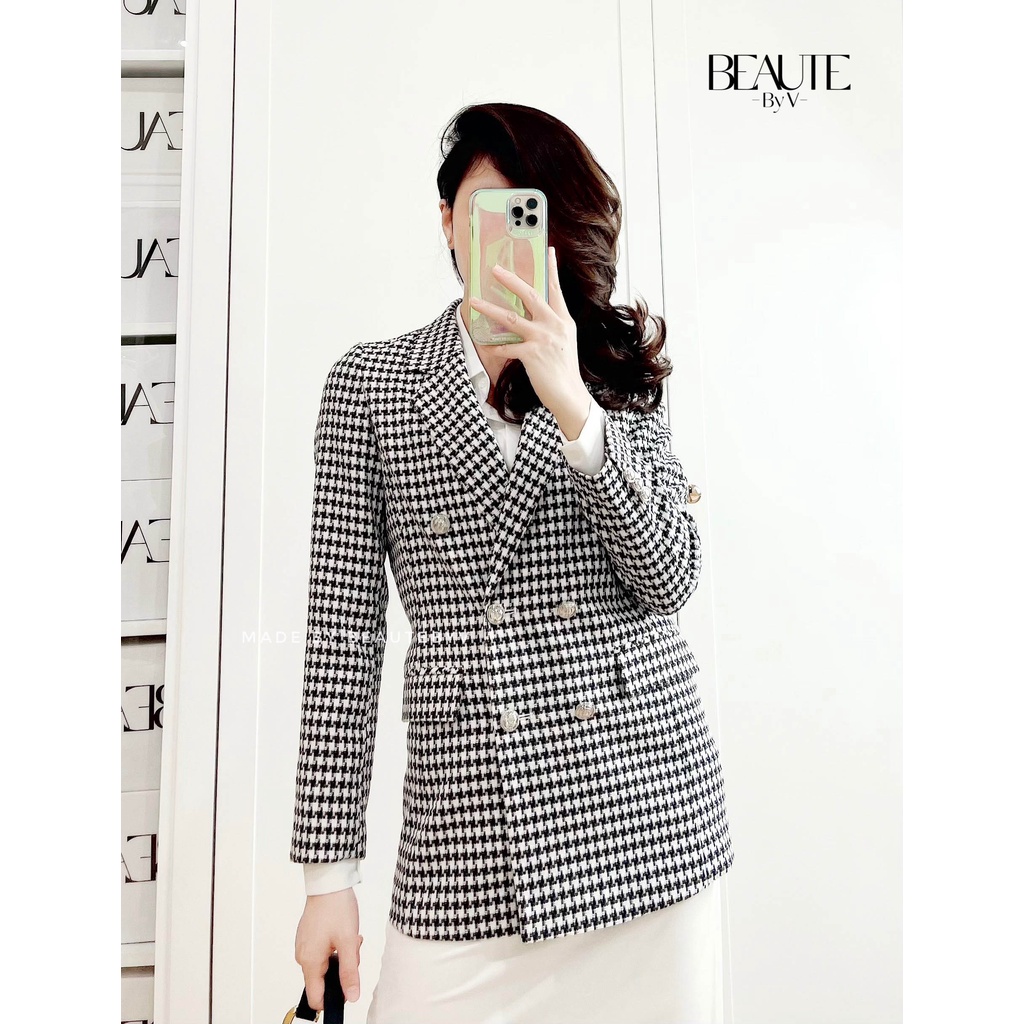 BEAUTEBYV - Áo Blazer kẻ dạ tweed cổ hai ve Zigzag