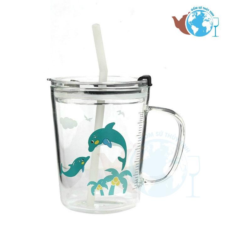 Cốc Pha Sữa Thuỷ Tinh Có Vạch Chia ML, Nắp Đậy Và Ống Hút Siêu Tiện Lợi