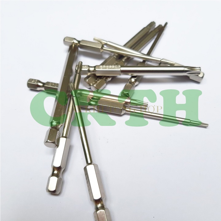 Mũi hoa thị lục giác có lỗ. Bộ 11 mũi vít hoa thị dài 75mm cho máy khoan và máy bắt vít hãng Broppe