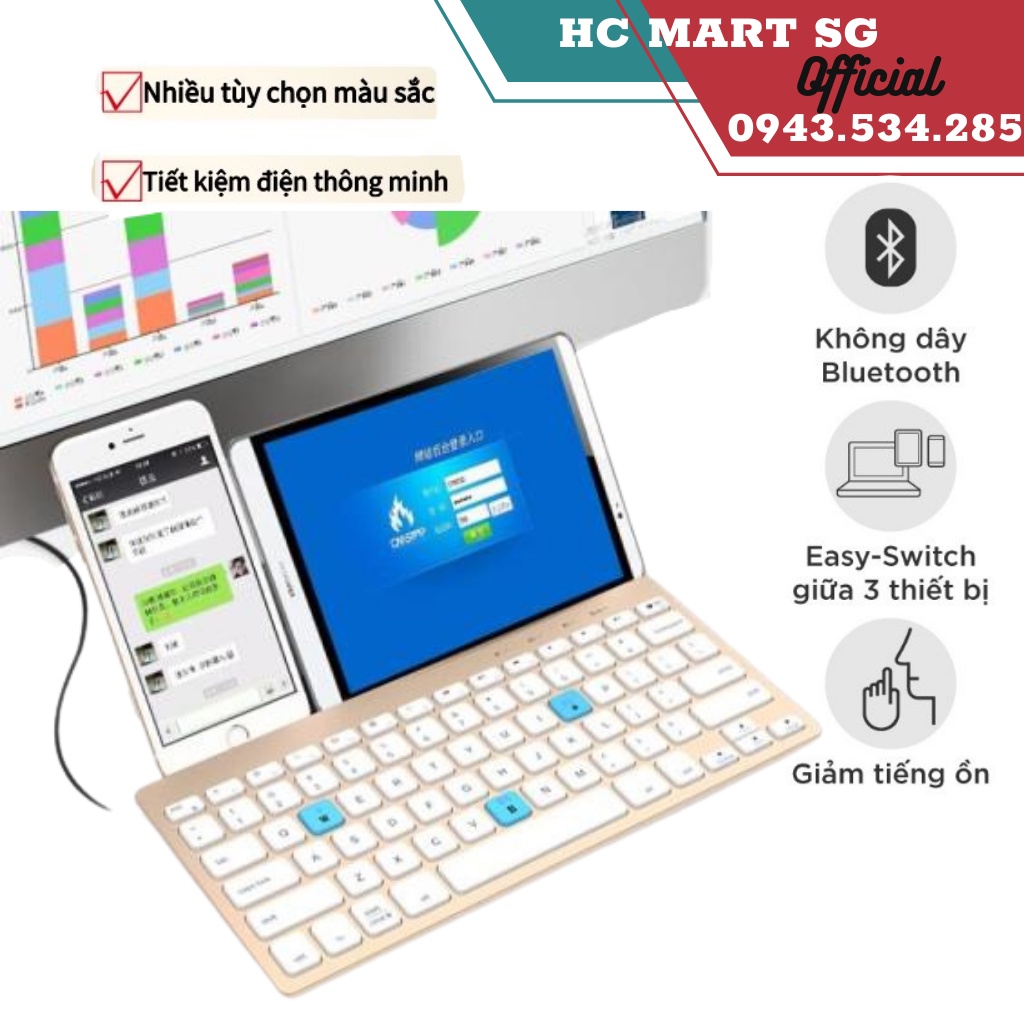 Bàn phím Bluetooth cho android, ios, Bàn phím bluetooth KAW HB191A kết nối không dây, gõ trên mọi thiết bị - SALE LỚN